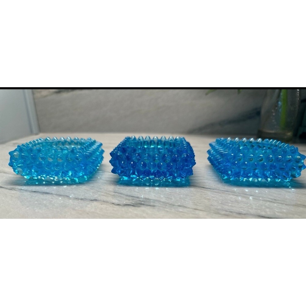 Vintage Fenton Hobnail 3 Square‎ Aqua Blue Glass Salt Cellars Candle Holders 3"